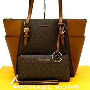 Michael Kors Large Charlotte Tote Bag & Continental Wallet Luggage Brown